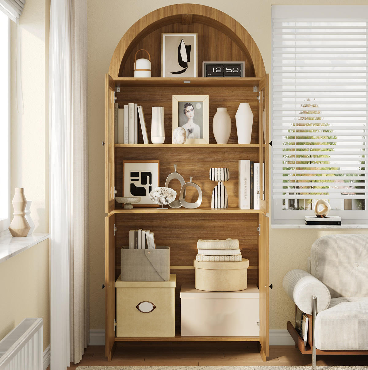 VITRINENSCHRANK 78/40/176 cm mit Glastüren, gewölbtem Design und Wellenfront aus Spanplatte, Natur - Naturfarben, Holzwerkstoff (78/176/40cm) - Redom