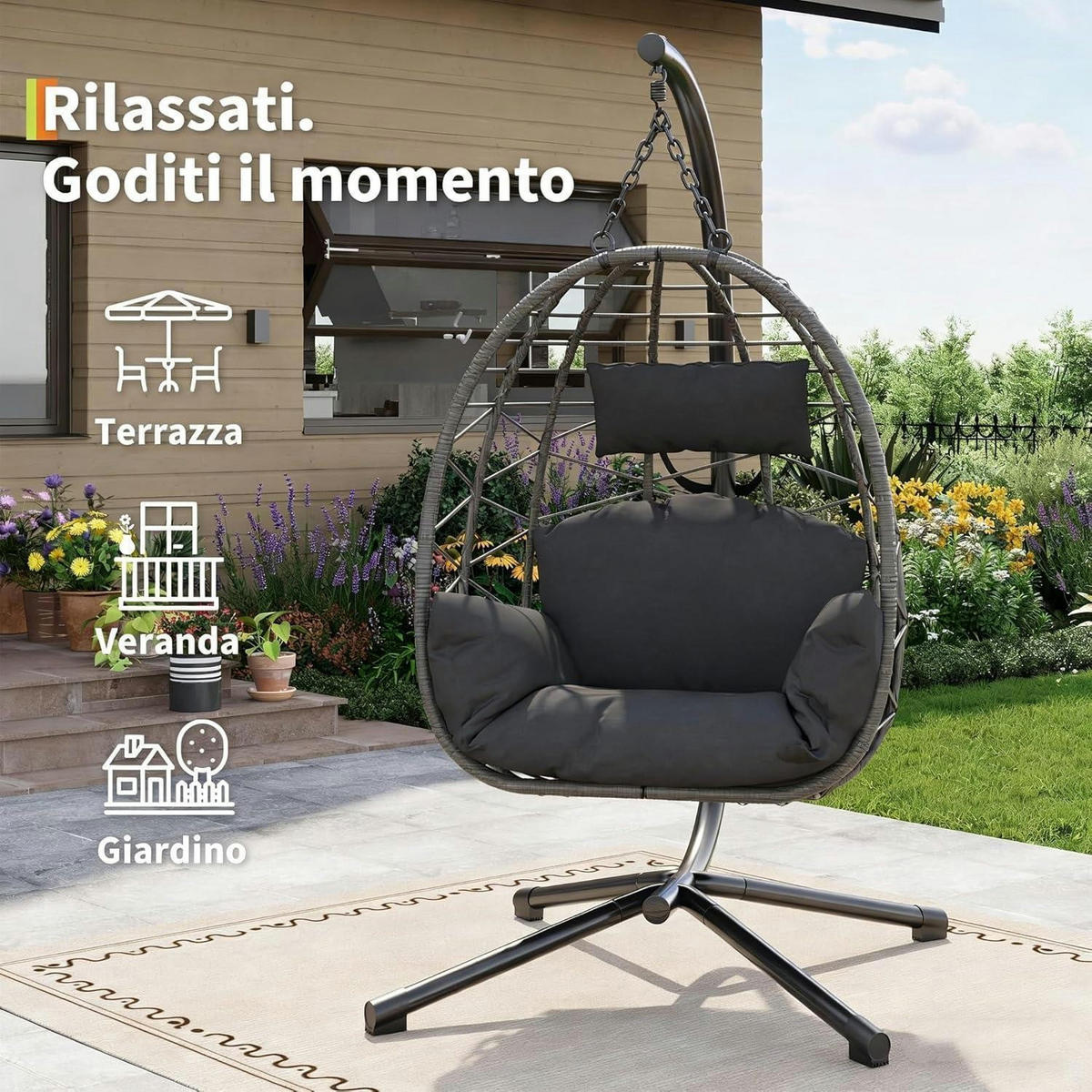 HÄNGESESSEL mit Gestell Outdoor Grau bis 150 kg - Grau, Naturmaterialien (106/196/105cm)