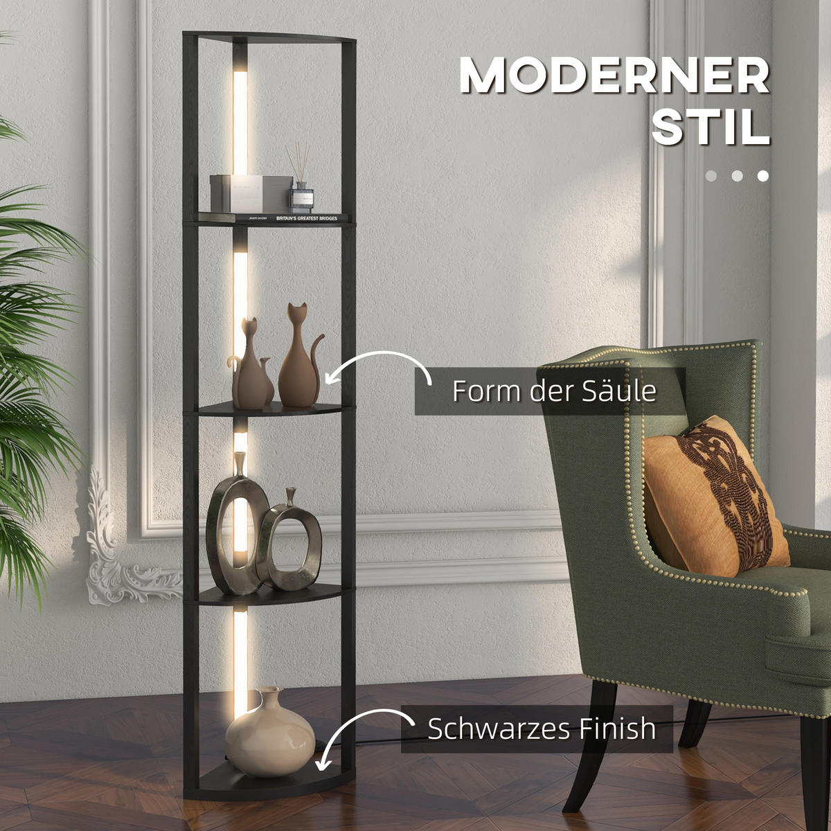 STEHLAMPE, LED 24 W Stehleuchte mit 4 Ablagen, E27 Sockel, für Wohnzimmer - Schwarz, Holzwerkstoff (41/29.5/163.5cm) - HOMCOM