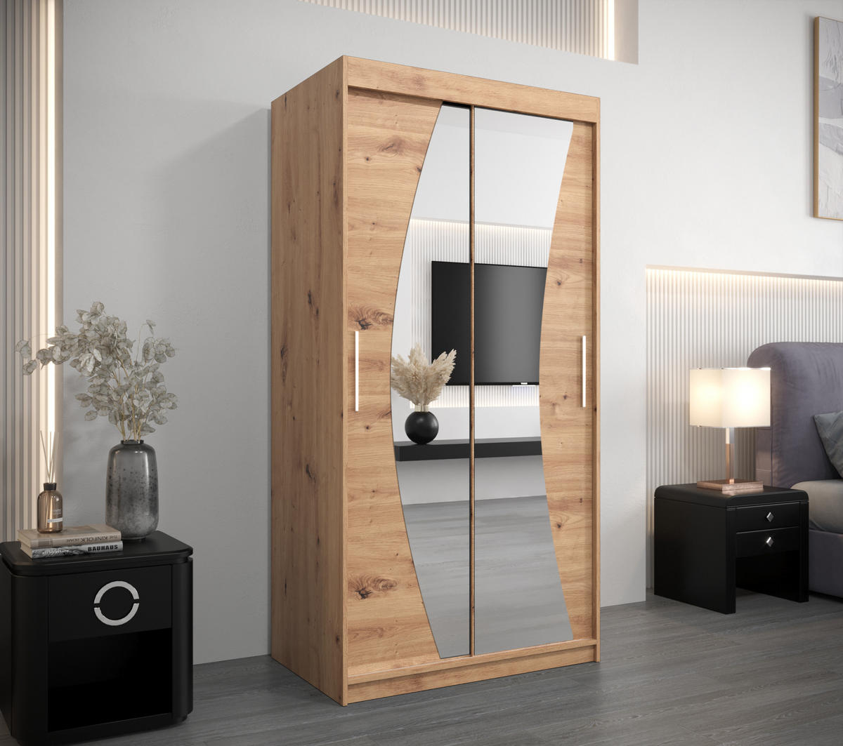 SCHWEBETÜRENSCHRANK 200/100/62 2-türig - Silberfarben/Eiche Artisan, Holz/Kunststoff (100/200/62cm) - MÖBEL KRYSPOL