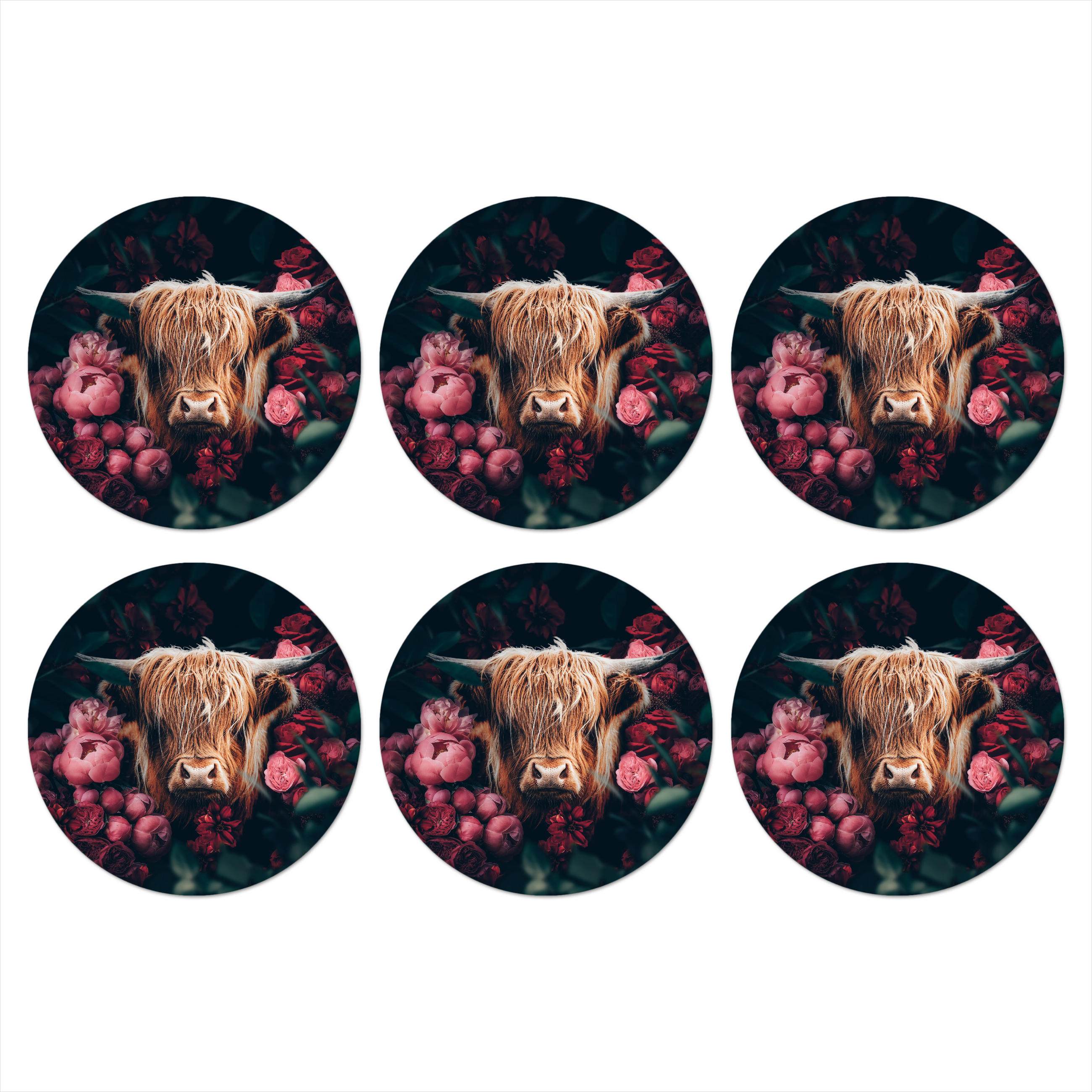 GLASUNTERSETZER 6er-Set Rund Kuh - Schottischer Highlander - Blumen - Botanisch 10x10 cm - Pink, Naturmaterialien (10/0.2cm) - MuchoWow