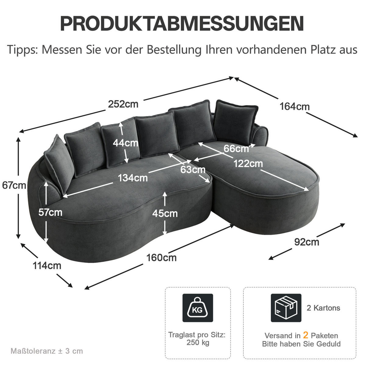 ECKSOFA 252/164/67 cm in Grau aus Chenille mit Chaiselongue - Grau, Textil (164/252cm) - Flora Grace