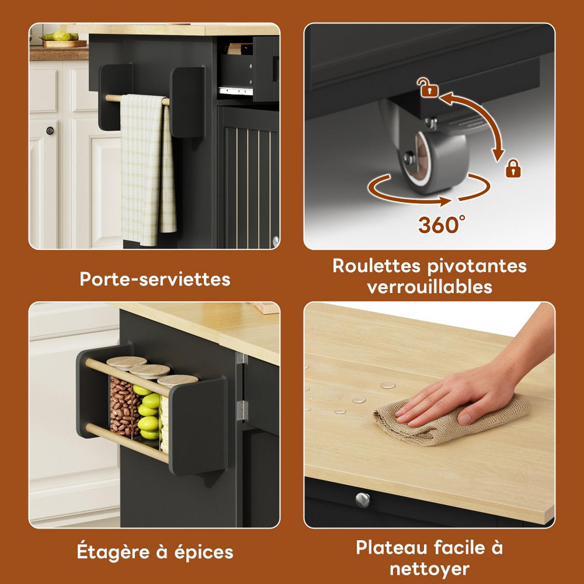 KÜCHENINSEL Klappbare Arbeitsplatte, Feststellbare Rollen, MDF, 120/70/92 cm - Schwarz, Kunststoff (70/92/120cm) - Rolipo