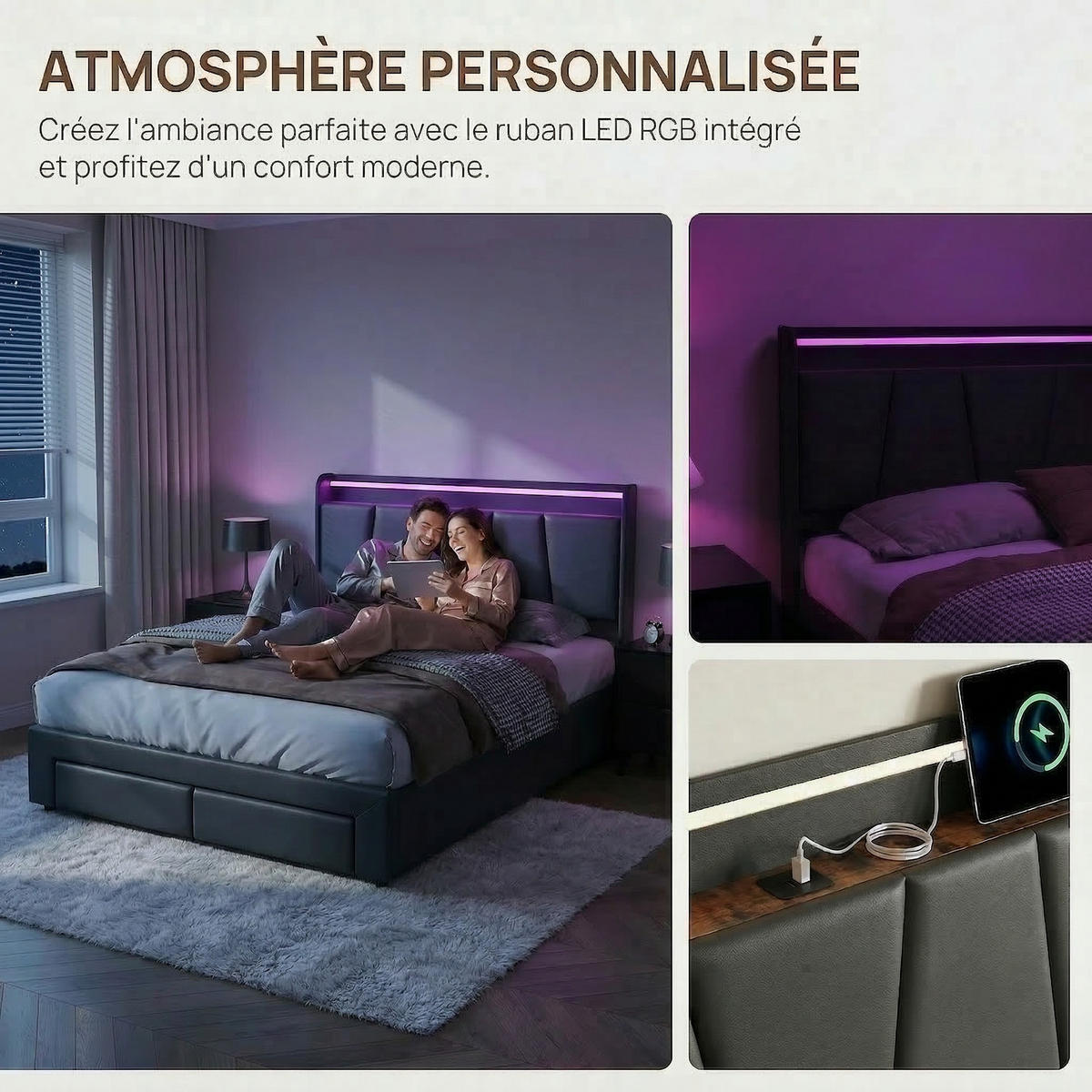 BETT Schubladenbett 160x200 cm mit 2 Schubladen & Ladefunktion in Grau - Beige/Naturfarben, Holz/Metall (160/200cm) - PARAFTA HOME