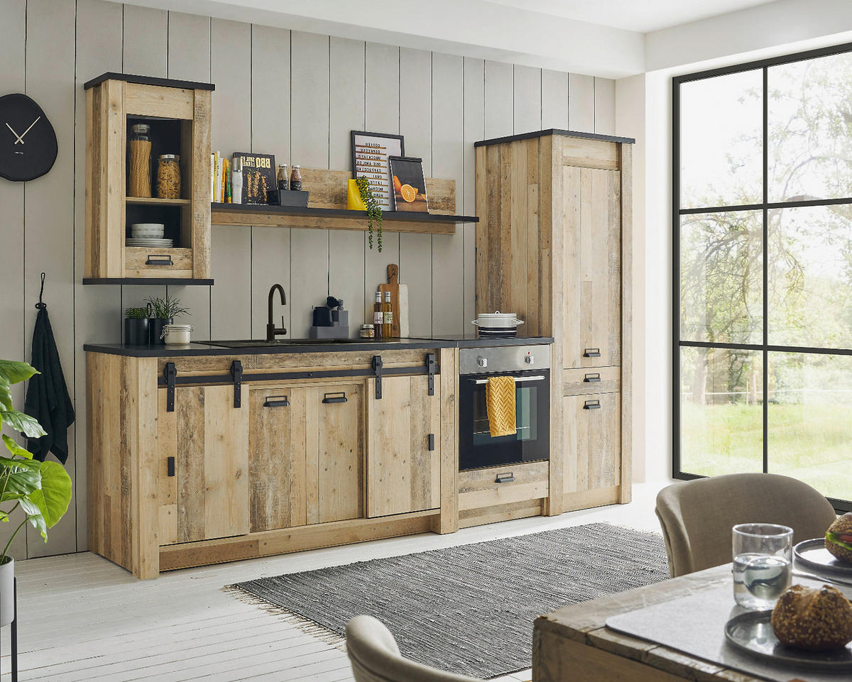 KÜCHENZEILE in Used Wood, anthrazit 284 cm, Küchenschrank-Set 5-teilig mit Soft-Close - Anthrazit/Schwarz, Glas/Holzwerkstoff (284/201/64cm) - Furn.Design