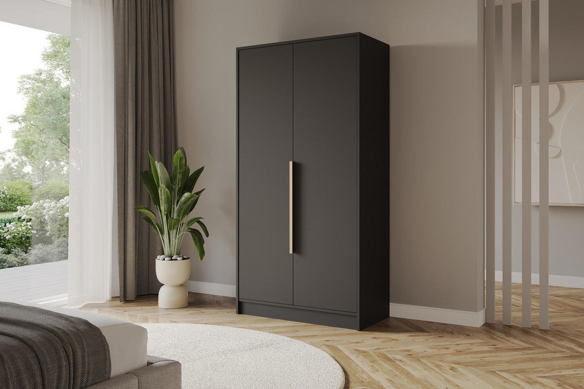 KLEIDERSCHRANK - PORTO - 102 - Schwarz - Goldfarben/Schwarz, Holzwerkstoff (102/200/51cm) - ALTDECOR