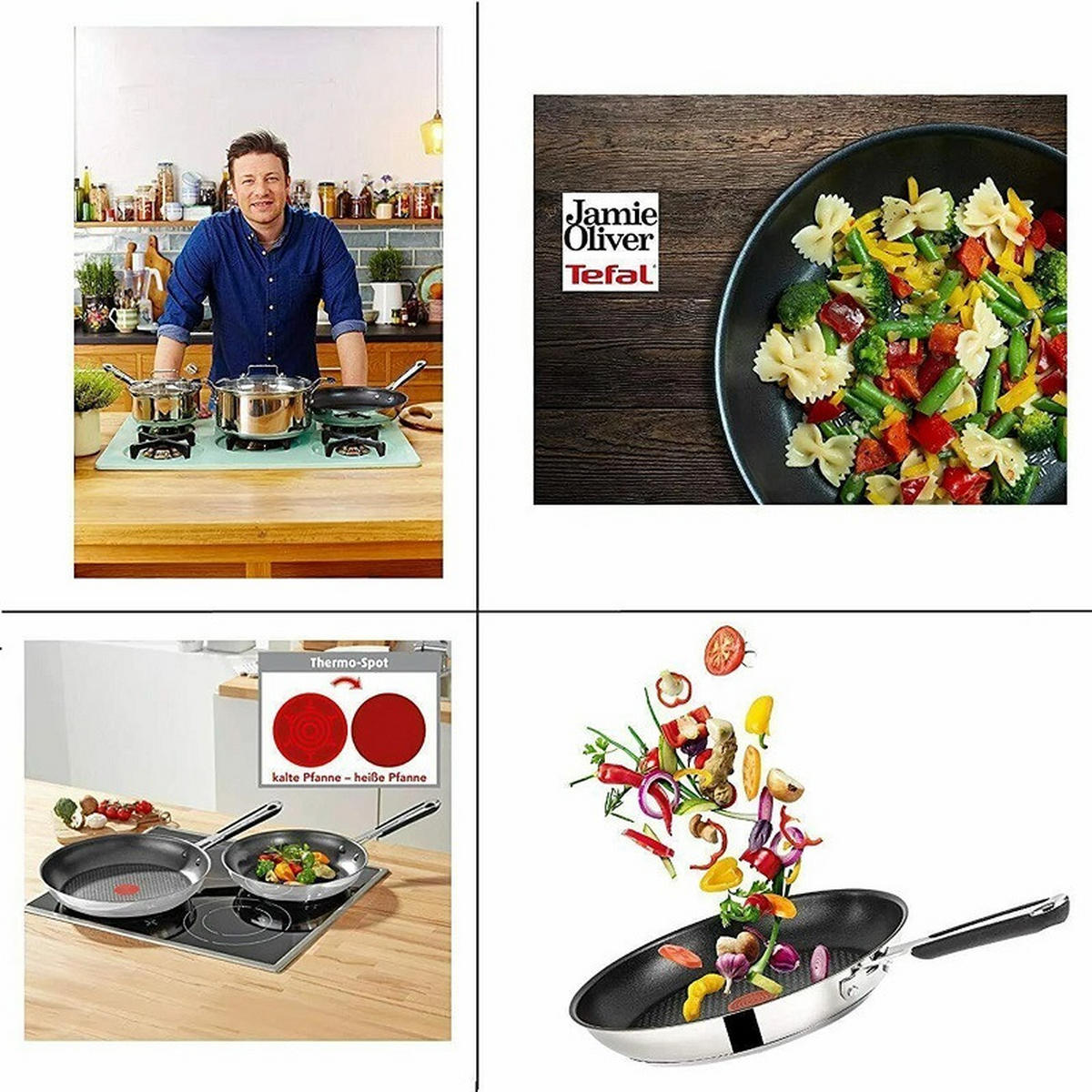 PFANNENSET -Jamie Oliver- 4-tlg, Pfanne 20+28cm, Schmorpfanne 25cm mit Glasdeckel, Bratpfanne Set, Induktion geeignet, Antihaftbeschichtet, Edelstahl - Silberfarben, Metall - Tefal