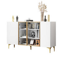 SIDEBOARD mit 4 Türen, grifflos, MDF und gehärtetes Glas, modernes asymmetrisches Design, goldfarbenen Metallfüßen, 150/38/85 cm, Weiß - Weiß, Holzwerkstoff (150/85/38cm) - Redom