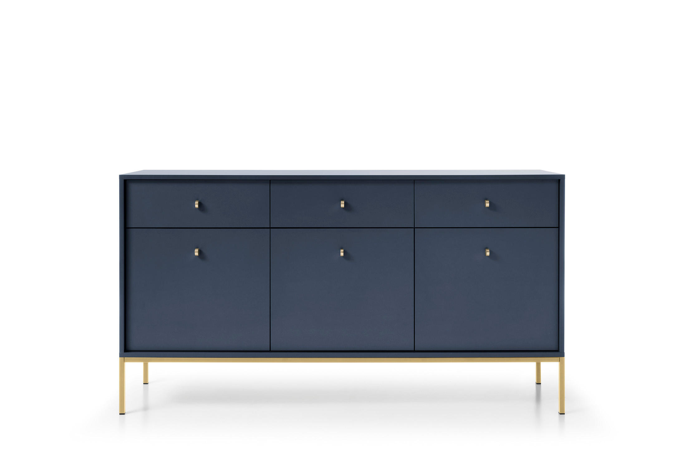 KOMMODE Molly Dunkelblau, Goldene Beine, Dreitürige mit Schubladen - Goldfarben/Dunkelblau, Holzwerkstoff/Metall (154/83/39cm) - Bettso