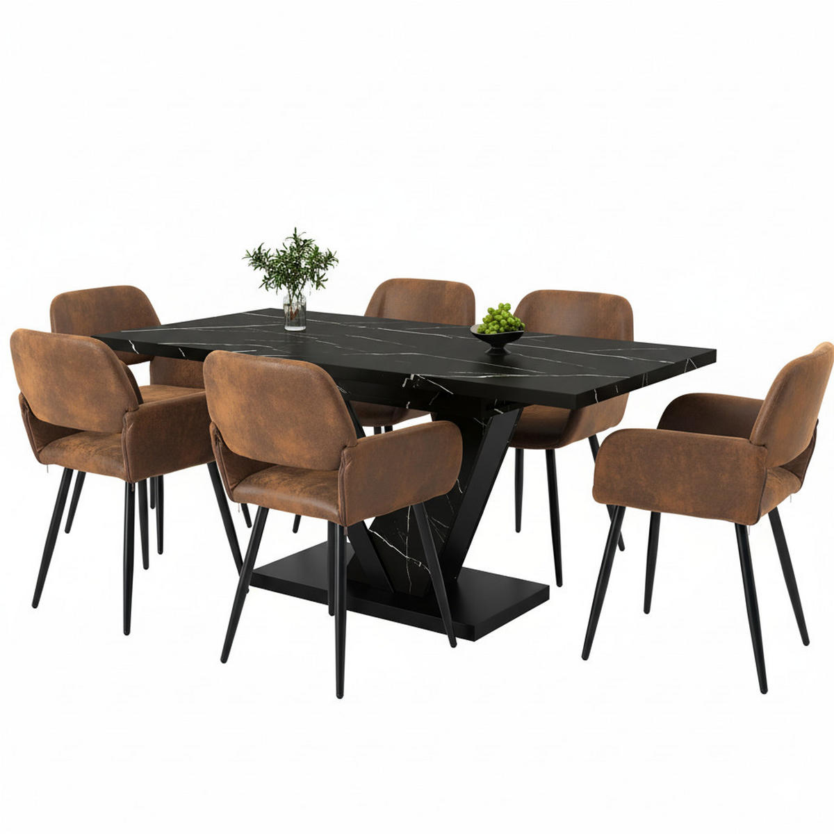 TISCHGRUPPE 7-teilig Ausziehtisch Marmoroptik Schwarz & 6x 360° Drehstühle Vintage-Braun - Schwarz, Holzwerkstoff/Textil (160/76/75cm) - Urban Meuble