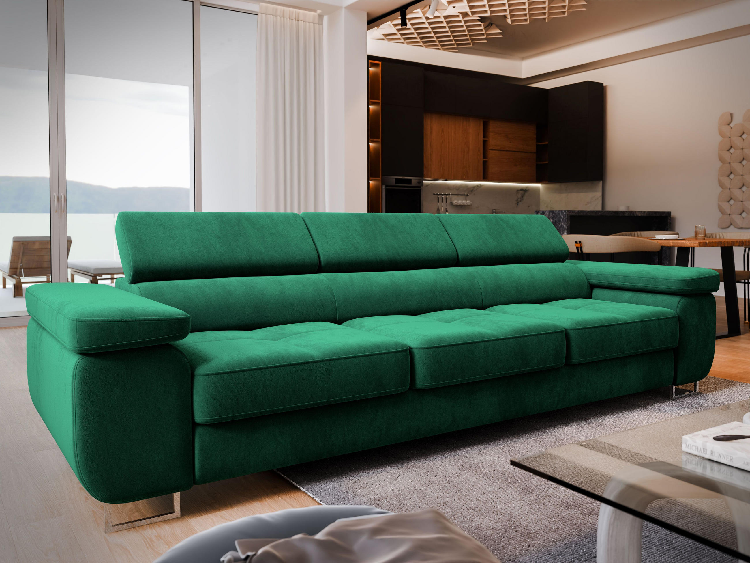 BETTSOFA MOSINE Grün Velours-Stoff mit Schlaffunktion - Grün, Textil (281/87/98cm) - MASSENO