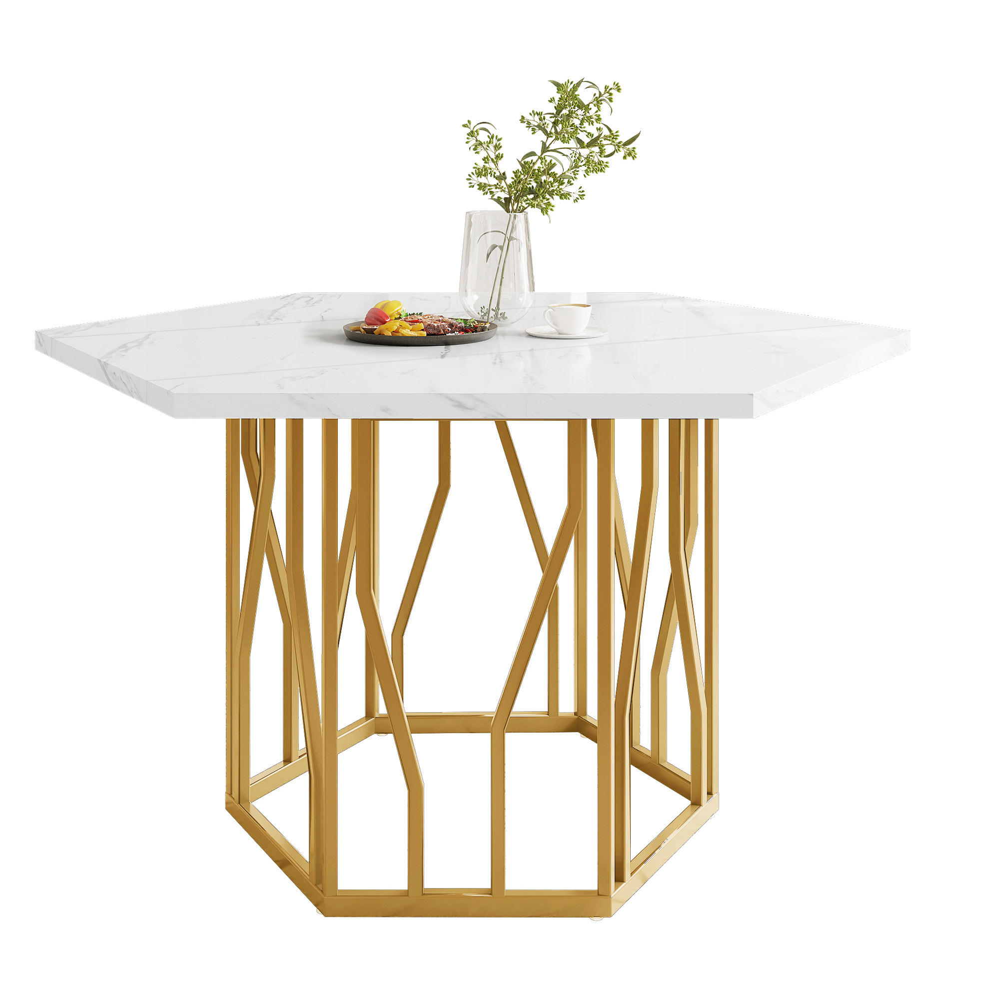 OKWISH JÍDELNÍ stůl 115,5/100/75 cm bílo-zlatý z MDF a oceli s mramorovým dekorem