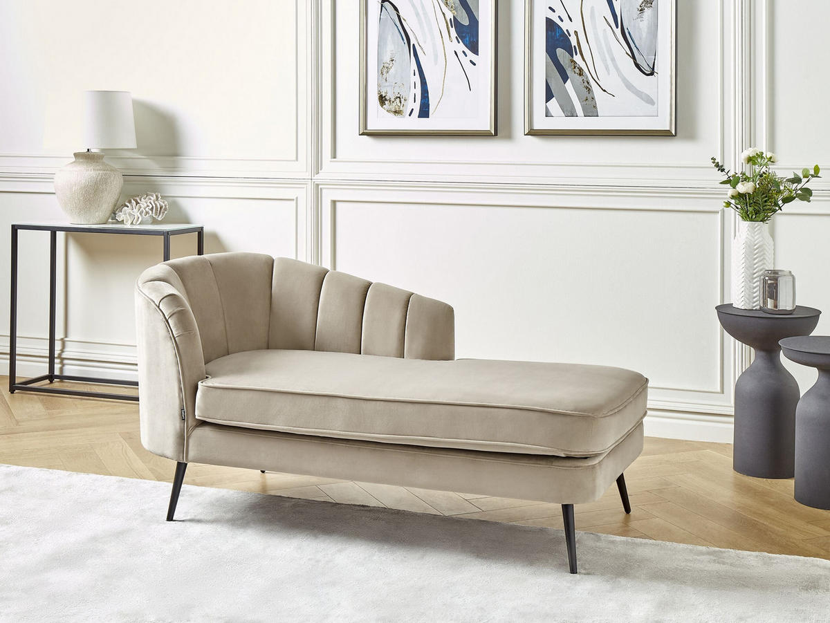 ČALOUNĚNÉ LEHÁTKO CHAISE LONGUE Sametová látka béžové levostranné Allier - černá/béžová, textil (150/75/76cm) - Beliani