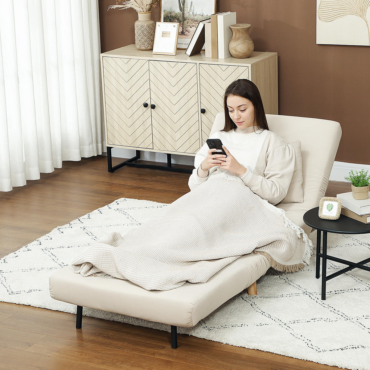 SCHLAFSESSEL, Klappsessel mit Bettfunktion, bis 120 kg belastbar, Beige - Beige/Naturfarben, Holz/Textil (78/79/72cm) - HOMCOM