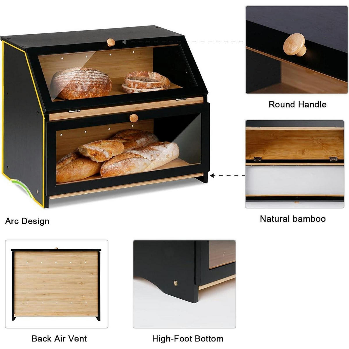 BROTKASTEN 2 Etagen Bambus Schwarz 39 cm - Schwarz, Naturmaterialien (25/32/39cm)
