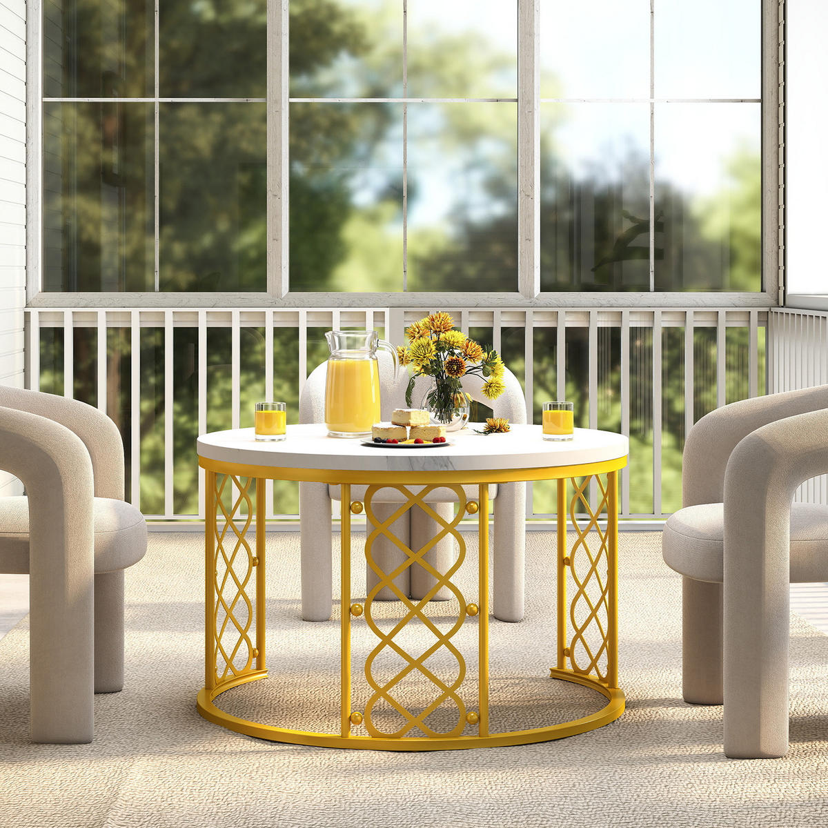 COUCHTISCH-SET mit Marmoroptik, Nesting Tische rund,Beistelltisch Metallgestell 70/70/45 cm + 45/45/37 cm, Weiß und Gold - Weiß, Holzwerkstoff (70/70/45cm) - Redom