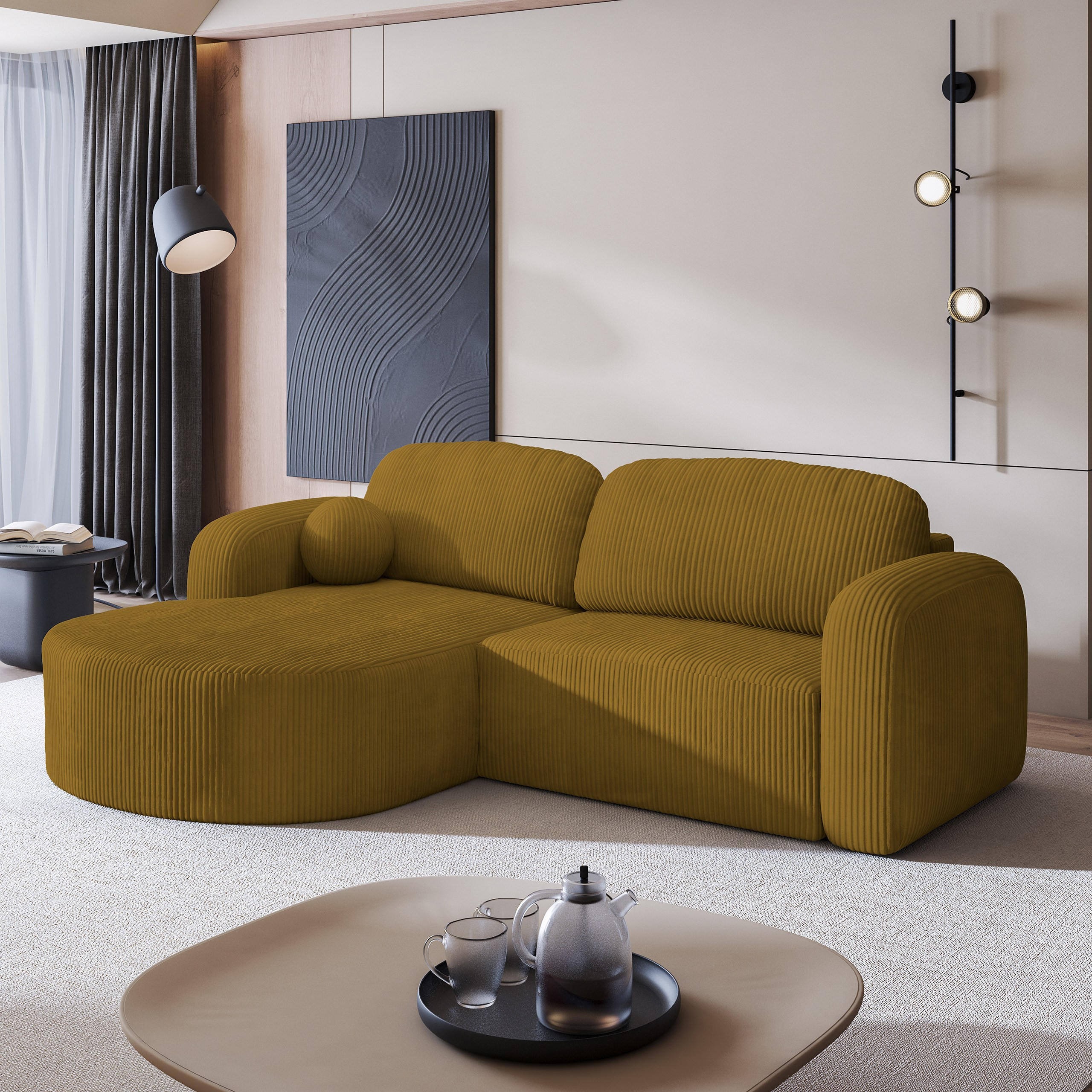 ECKSOFA AMILIA P L-S Gelb Kordstoff mit Schlaffunktion - Gelb, Holz (263/174cm) - MASSENO