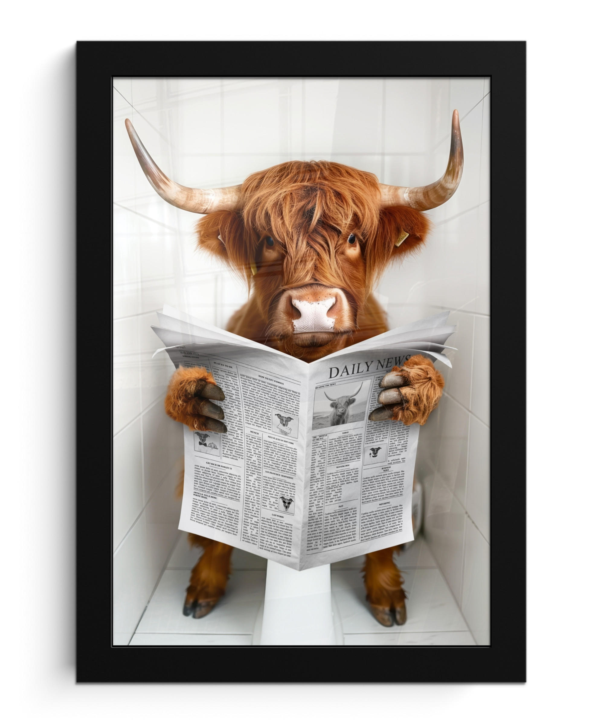 GERAHMTES BILD Schottisches Hochlandrind - Tier - Zeitung - Toilette 20x30 cm - Kastanienfarben, Papier (20/30cm) - MuchoWow