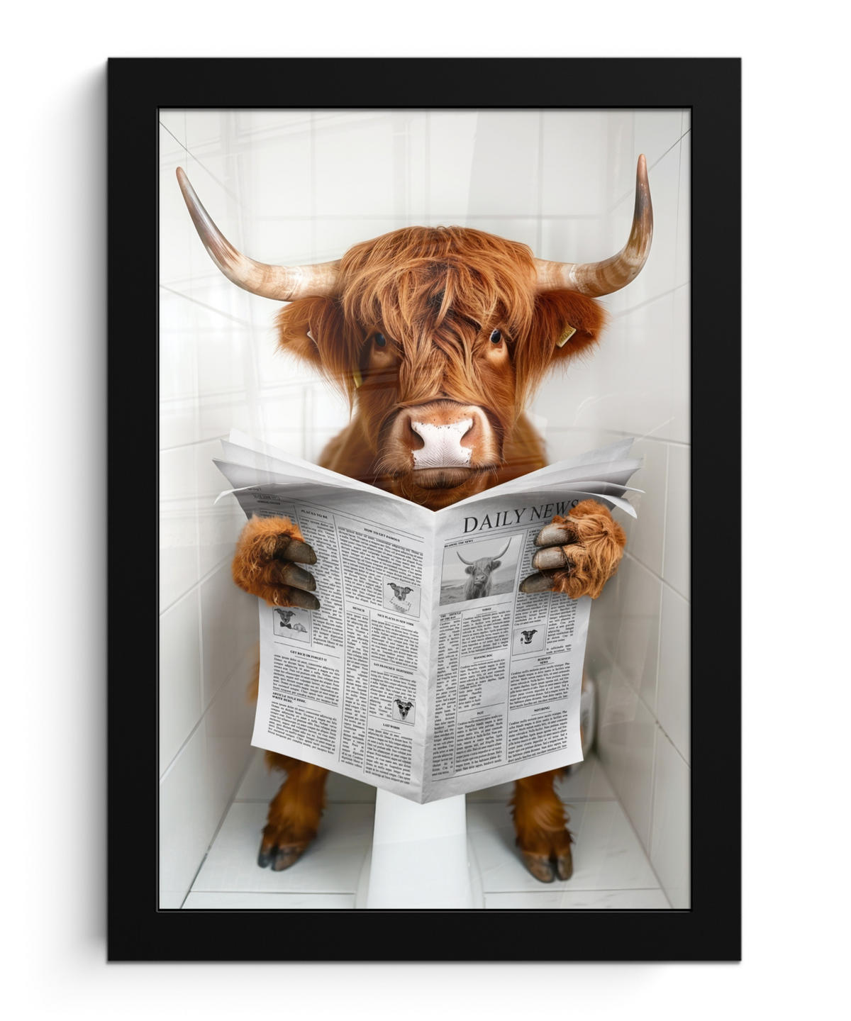 GERAHMTES BILD Schottisches Hochlandrind - Tier - Zeitung - Toilette 20x30 cm - Kastanienfarben, Papier (20/30cm) - MuchoWow