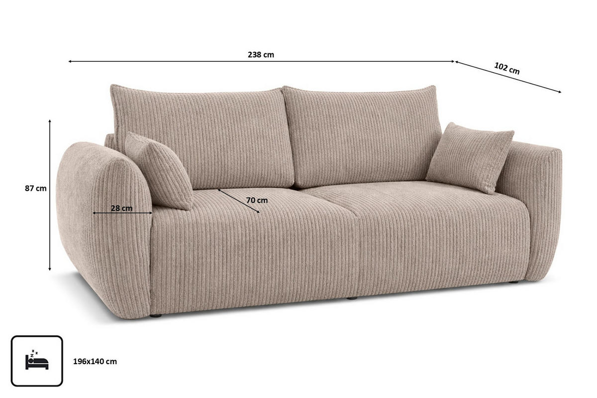 SOFA Mit Schlaffunktion Und Bettkasten, Cordstoff Poso, Dunkelbeige, Zephira - Beige, Holz (238/87/102cm) - Kaiser Möbel