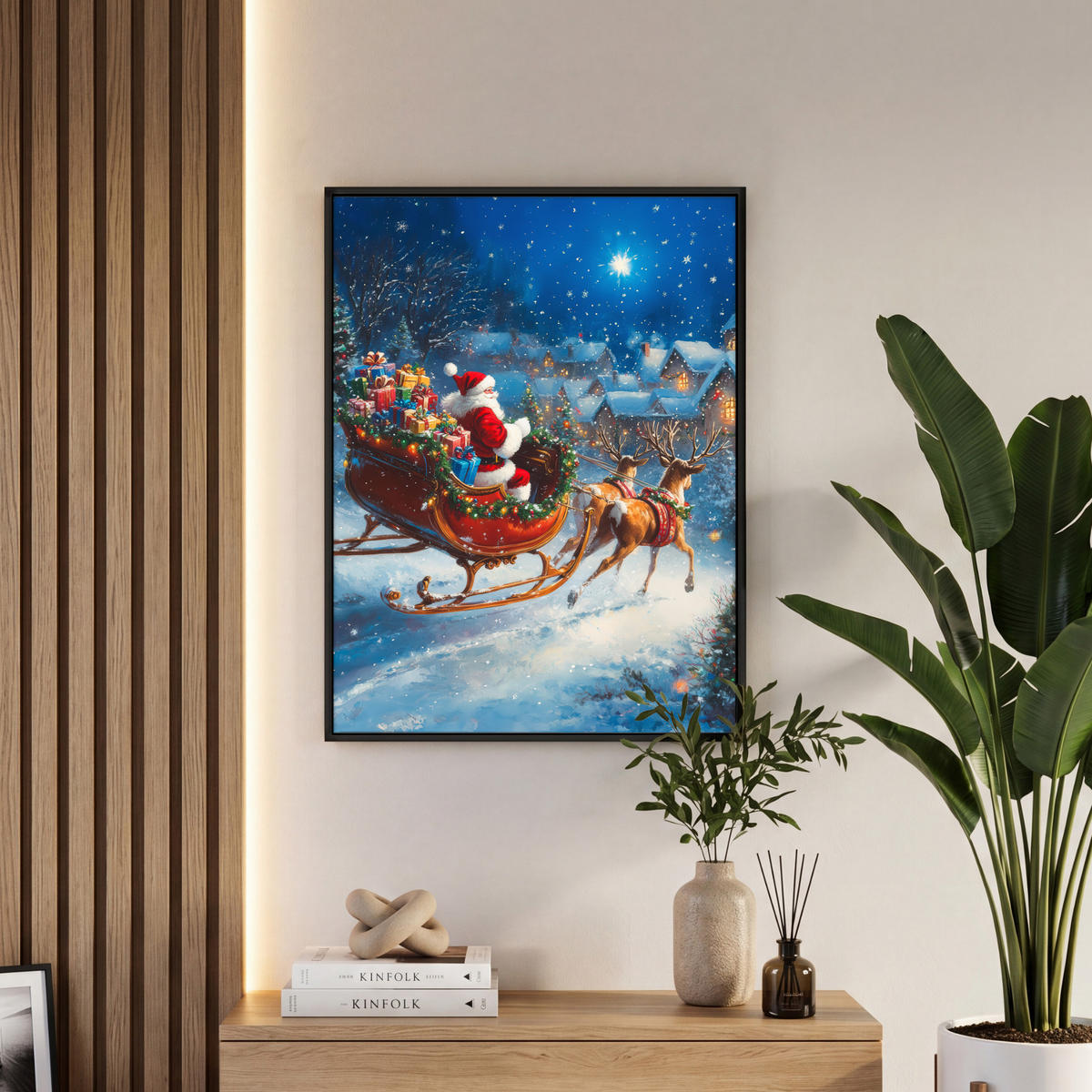 LEINWAND Bilder mit Rahmen - Weihnachtsmann - Rentier - Weihnachten - Schnee - 60x80 - Cognac, Textil (60/80cm) - MuchoWow