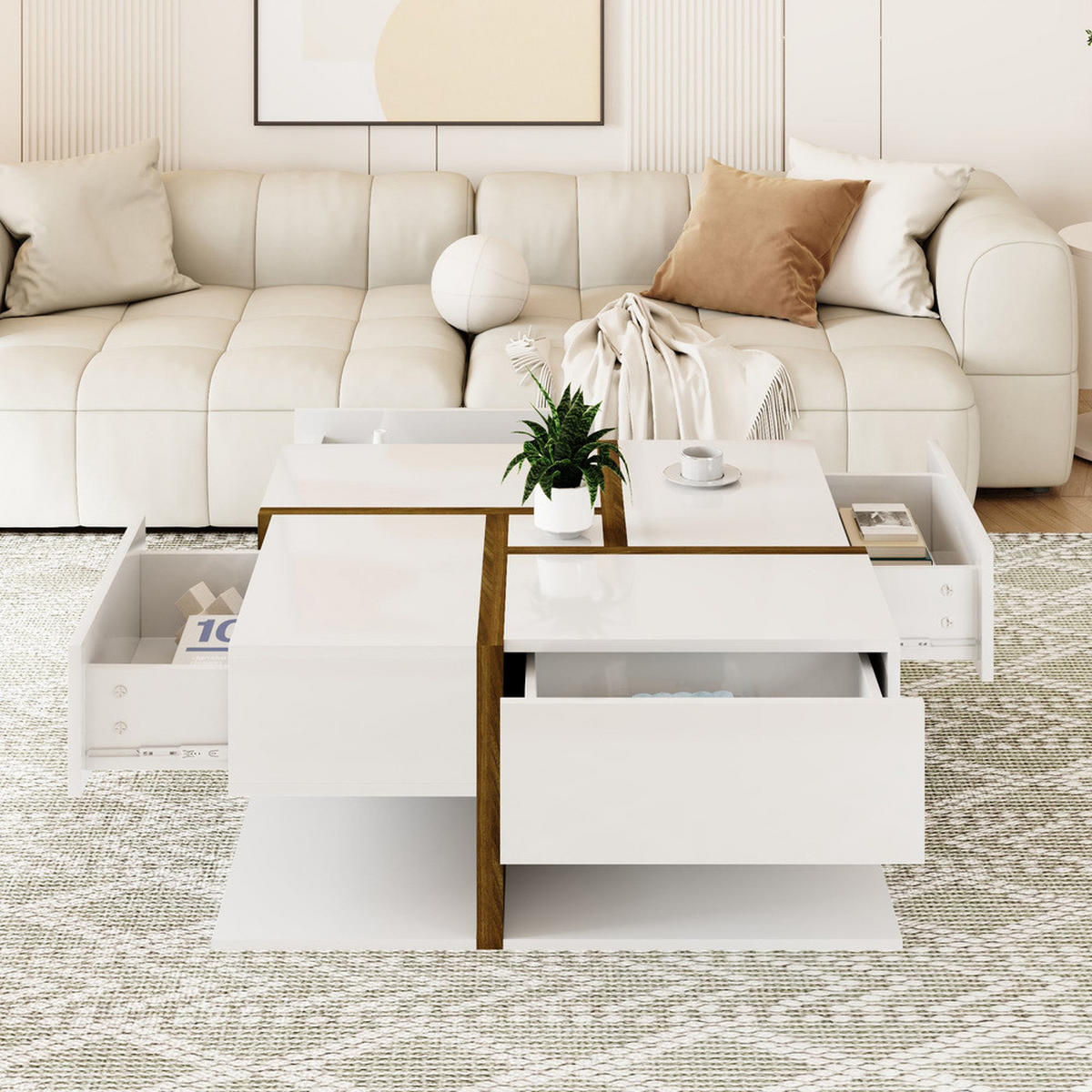 COUCHTISCH Hochglanz 4 Schubladen 78x78cm Linien-Design Weiß - Weiß, Holz (60/39/29.5cm) - FLIEKS