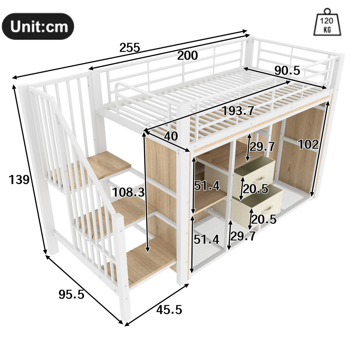 HOCHBETT 90/200 cm Weiß aus Metall und MDF mit LED-Beleuchtung und Stauraum - Weiß, Metall (90/200cm) - OKMYHOME