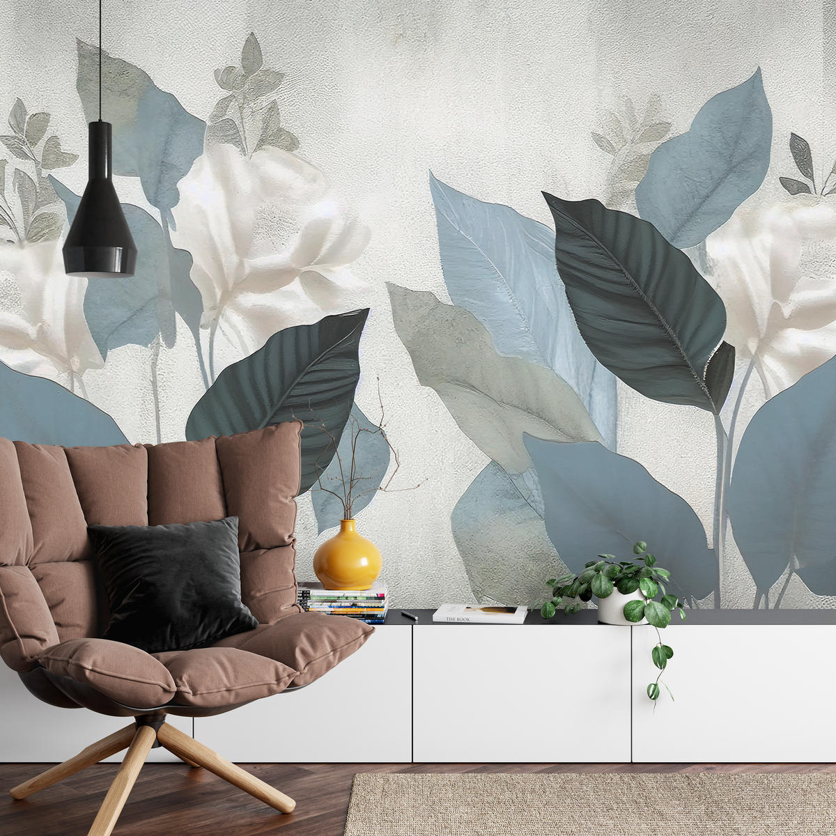 FOTOTAPETA Pre Obývaciu Izbu Modré Listy Betón Vintage Minimalistická 400 x 280 cm - sivá, papier (400/280cm) - Muralo