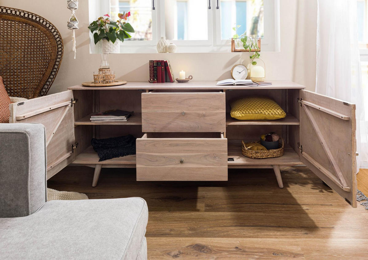 SIDEBOARD Akazie 180x42x75 weiß lackiert MOSAYK #200 - Weiß, Holz (180/75/42cm) - Massivmoebel24