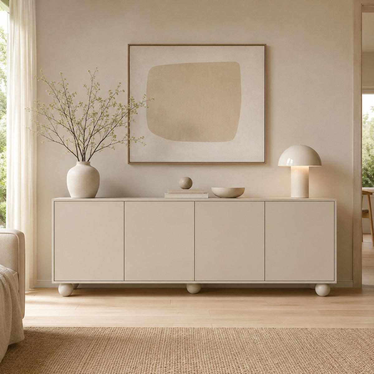 KOMODA Adel se 4 dvířky a kulatými nožkami, 204 cm, bezúchytková, kašmír - kašmírová, kompozitní dřevo (204/81/38cm) - Beautysofa