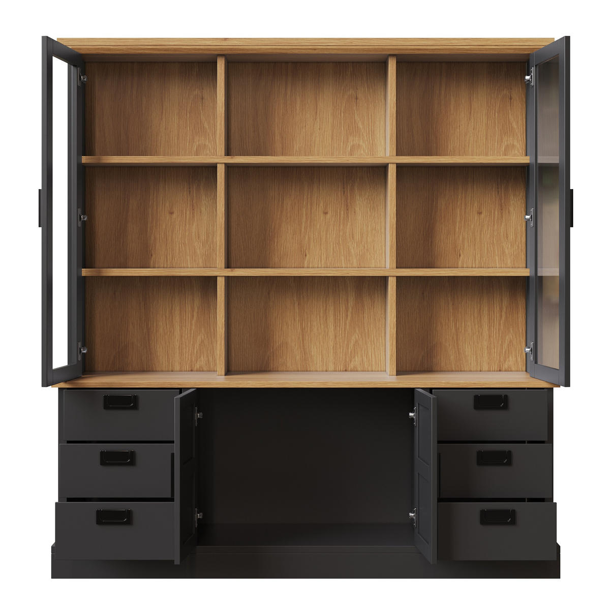 KÜCHENSCHRANK 140x185Cm 6 Schubladen Glastüren - Schwarz, Holzwerkstoff (140/185/40cm) - FLIEKS