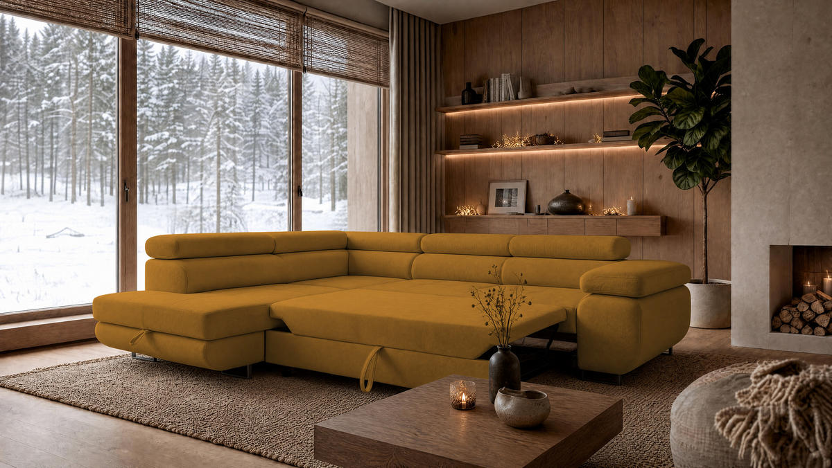 ECKSOFA Velmo mit Bettkasten und Schlaffunktion, verstellbaren Kopfstützen, in L-Form - Goldfarben, Textil (275/203cm)