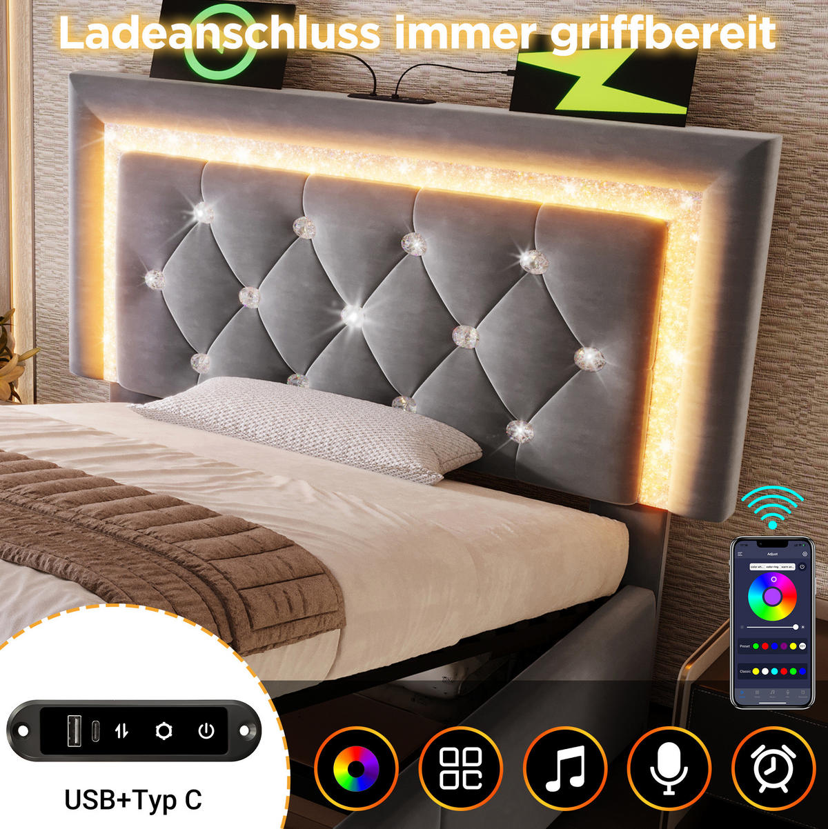POLSTERBETT mit LED und Bettkasten 90x200 cm Samt Grau inkl. Matratze - Grau, Metall (90/200cm) - Meubliv