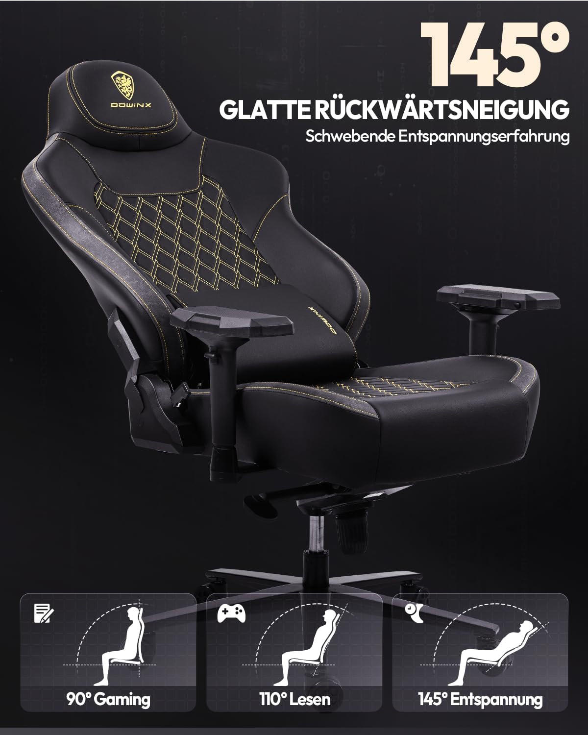 GAMING-STUHL & 4D Armlehnen, Höhenverstellbarer für Gamer/Esport - Schwarz, Leder (70/133/70cm)