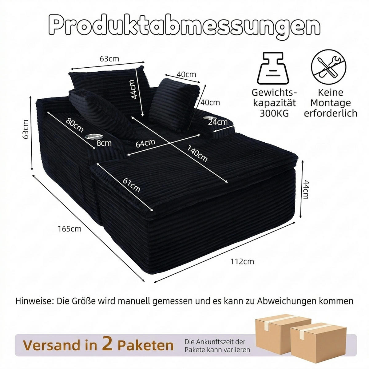SCHLAFSOFA 165/112/63 cm Schwarz mit Chaiselongue, 3 Kissen und 1 Decke - Schwarz, Textil (112/63/165cm) - Oxeza