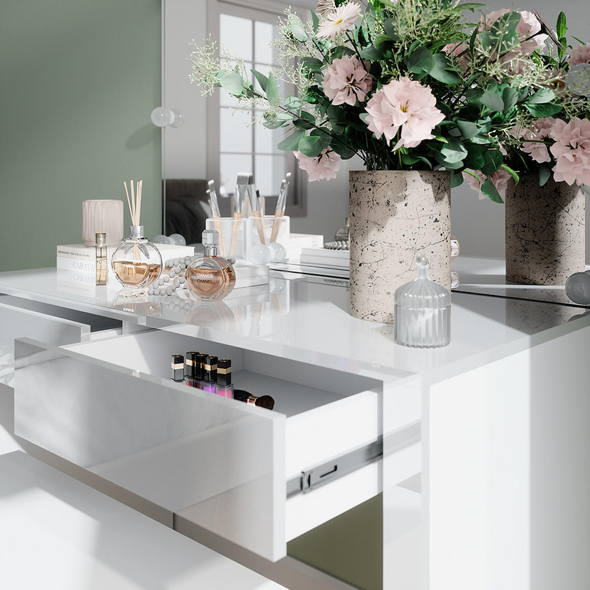 SCHMINKTISCH Annabelle Weiß Hochglanz/Weiß 110 cm mit LED-Beleuchtung und Bank - Weiß Hochglanz/Weiß, Holzwerkstoff (110/75.5/50cm) - Vicco