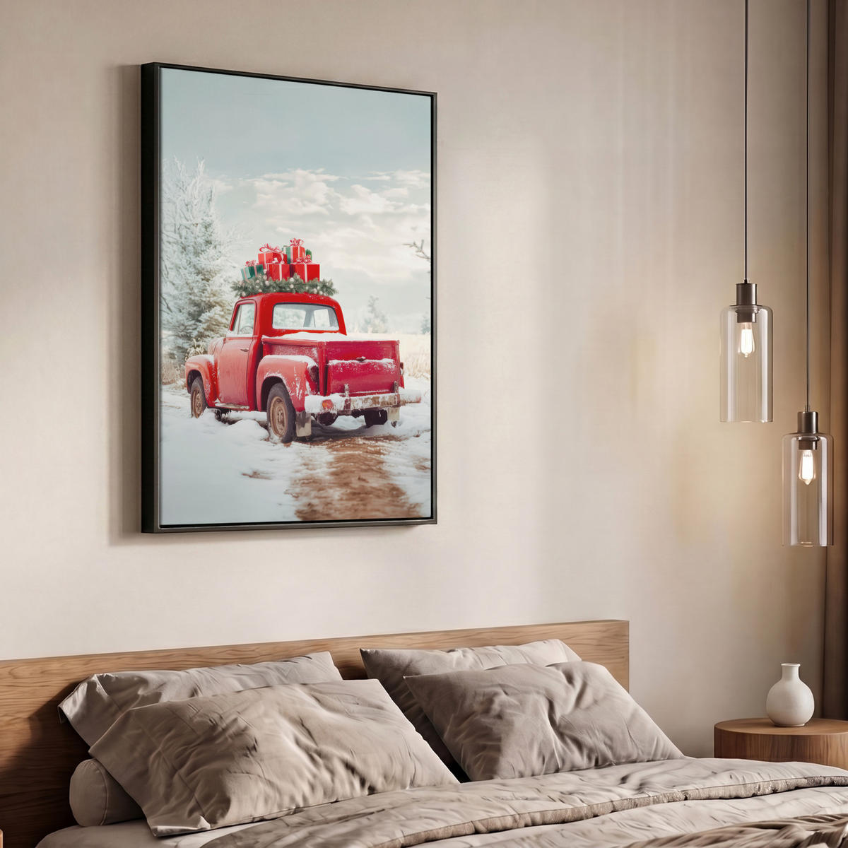 LEINWAND Bilder mit Rahmen - Auto - Rot - Geschenke - Winter - Schnee - Weihnachten - 70x100 - Rot, Textil (70/100cm) - MuchoWow