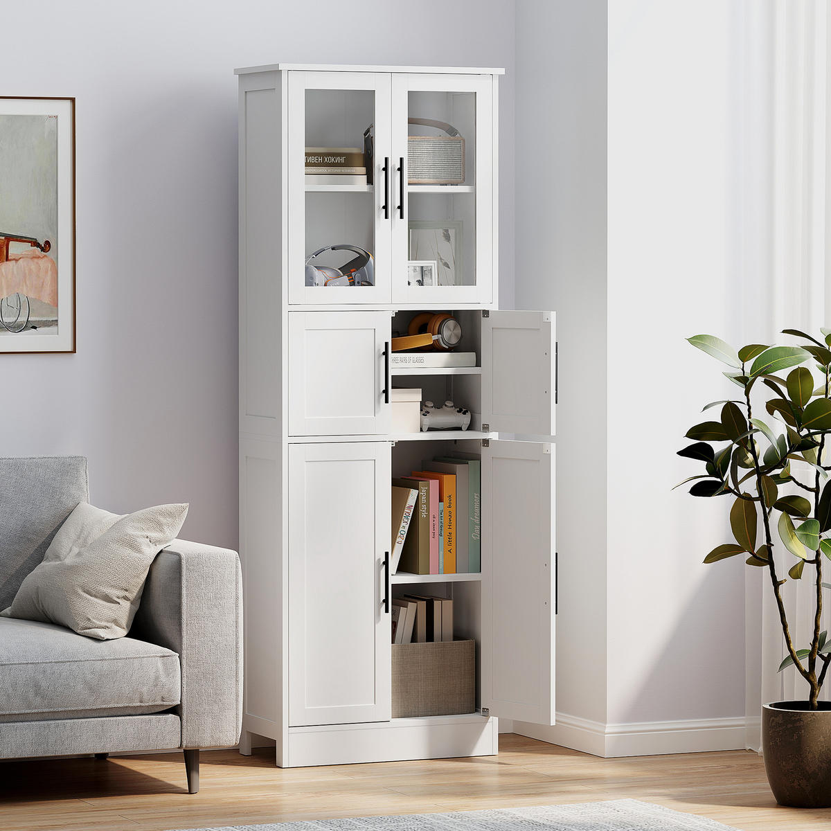 HOCHSCHRANK DE-12536 6 Türen, 2 Glasfronten, verstellbare Böden, Weiß - Weiß, Holzwerkstoff (30/170/60cm) - ComfortXL