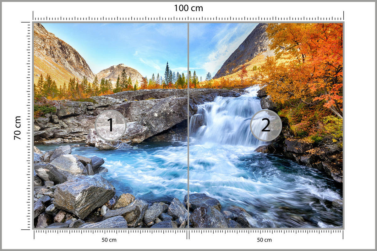 FOTOTAPETE Wasserfall Berge Wald Felsen 3D 100x70 - Blau/Gelb, Papier (100/70cm) - Muralo