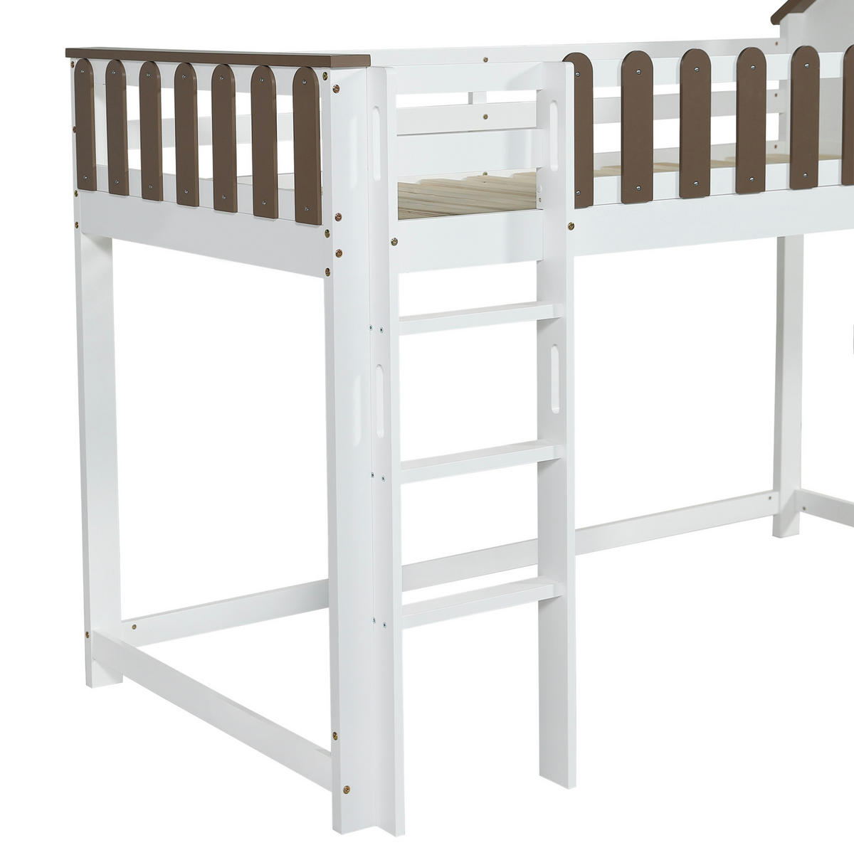HAUSBETT 90/200 cm Weiß/Walnuss aus Kiefernholz und MDF mit Rutsche - Weiß, Holzwerkstoff (90/200cm) - OKMYHOME