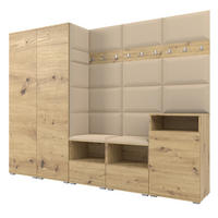GARDEROBE NELA VIII 250 cm (Modulare Flurmöbel Artisan Eiche mit Sitzpolster Beige 04 2 Schränke + Sideboard) - Beige/Silberfarben, Holz/Holzwerkstoff (250/187/40cm) - Ravio