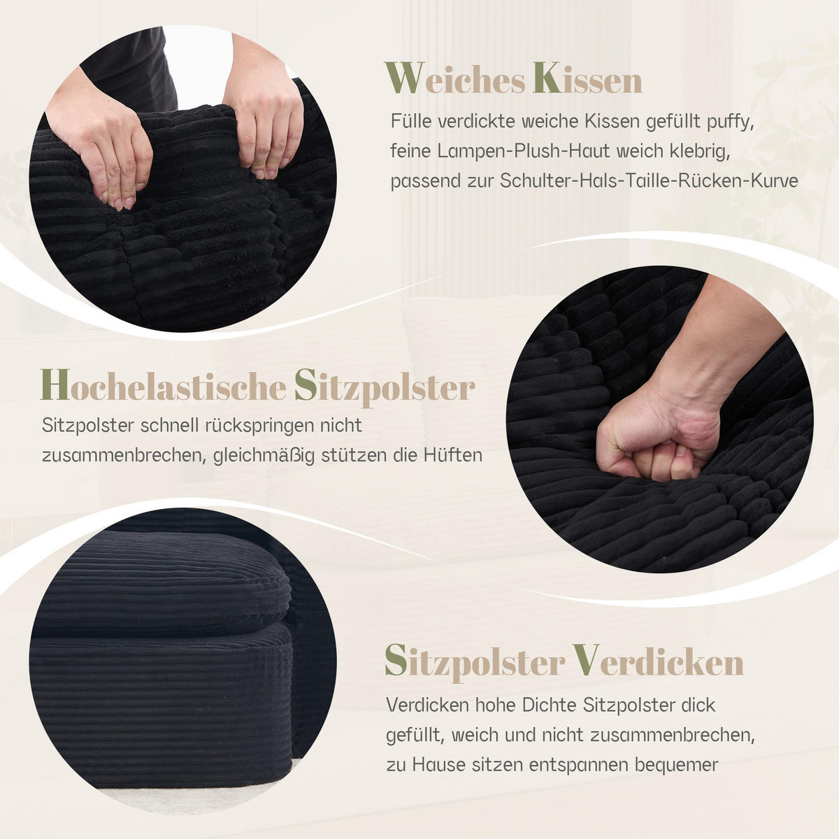 SOFA it Liegefunktion aus Cord mit verstellbaren Armlehnen und Getränkehaltern in Schwarz - Schwarz, Textil (165/61/97cm) - EVRYAE