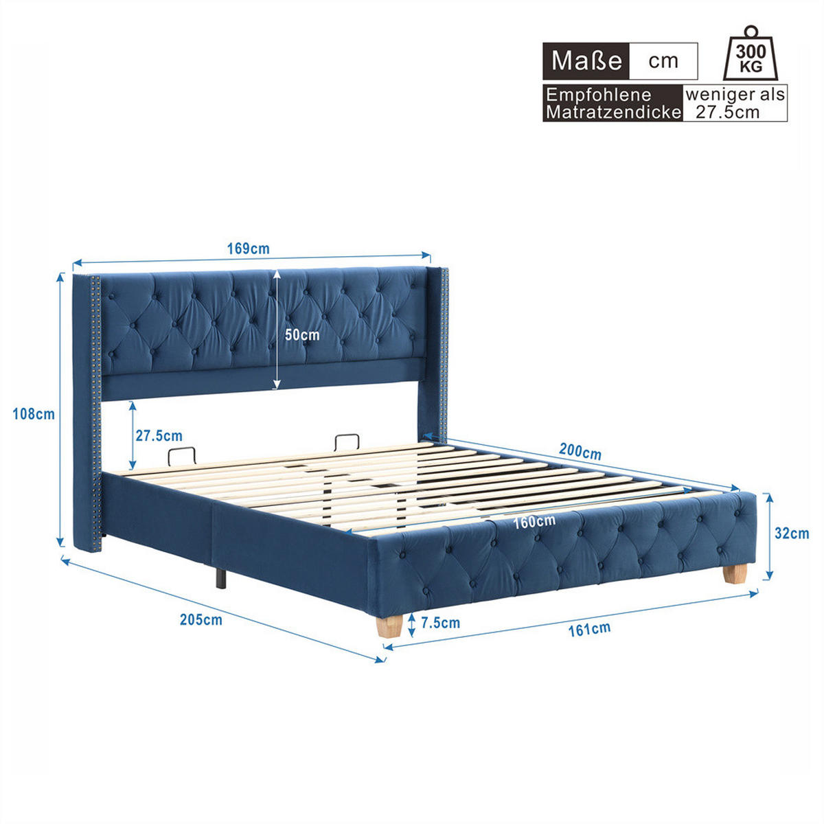 POLSTERBETT 160/200 cm in Blau Samt - Blau, Holz/Textil (160/200cm) - KOMHTOM