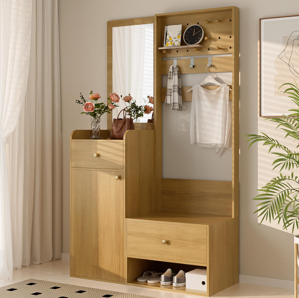 DIELENGARDEROBE mit Spiegel und Stauraum 105/38/180 cm in Holzfarben - Naturfarben, Holzwerkstoff (38/180/105cm) - BEAOK