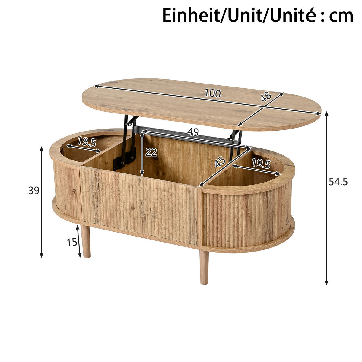KONFERENČNÍSTOLEK Oválný Vlnitý Zvedací Úložný - barva dubu, kompozitní dřevo (100/48/54.5cm) - FLIEKS