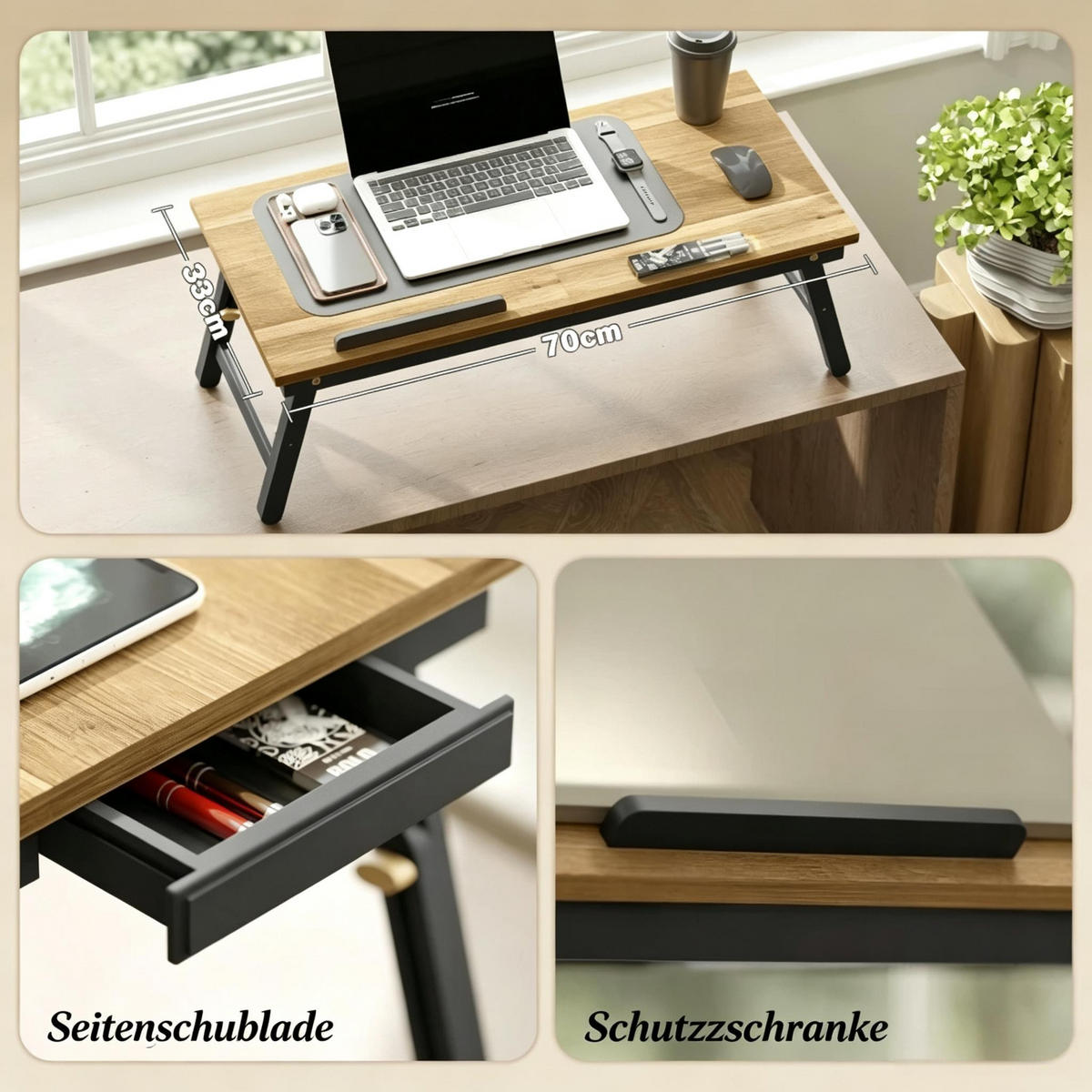 LAPTOPTISCH DE-37259 höhen- und neigbar mit Schublade Eiche/Schwarz - Eichefarben, Holzwerkstoff (83.5/33/34cm) - ComfortXL