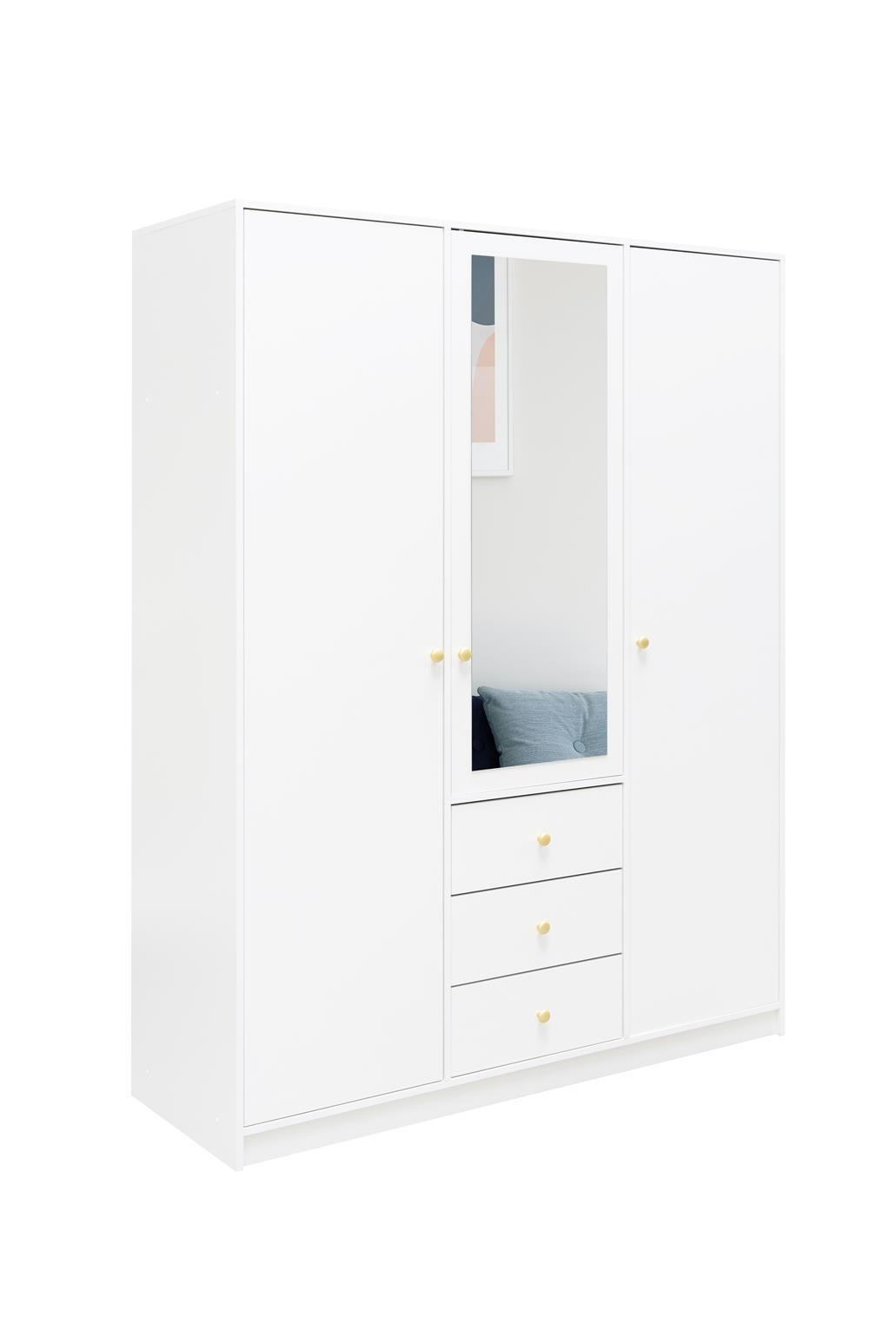 KLEIDERSCHRANK Rainbow Weiß, dreitüriger Drehtürenschränk mit Spiegel und Schubladen - Weiß, Holzwerkstoff (149/200/58cm) - Bettso