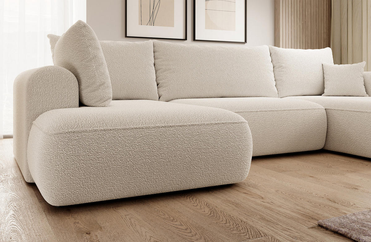 WOHNLANDSCHAFT Ovo Beige Boucle - Beige/Schwarz, Textil (375/95/185cm) - Selsey