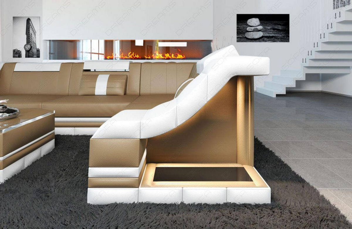 COUCH Bianchi Sandbeige Weiß Echtleder - Sandfarben, Leder (271/196cm)