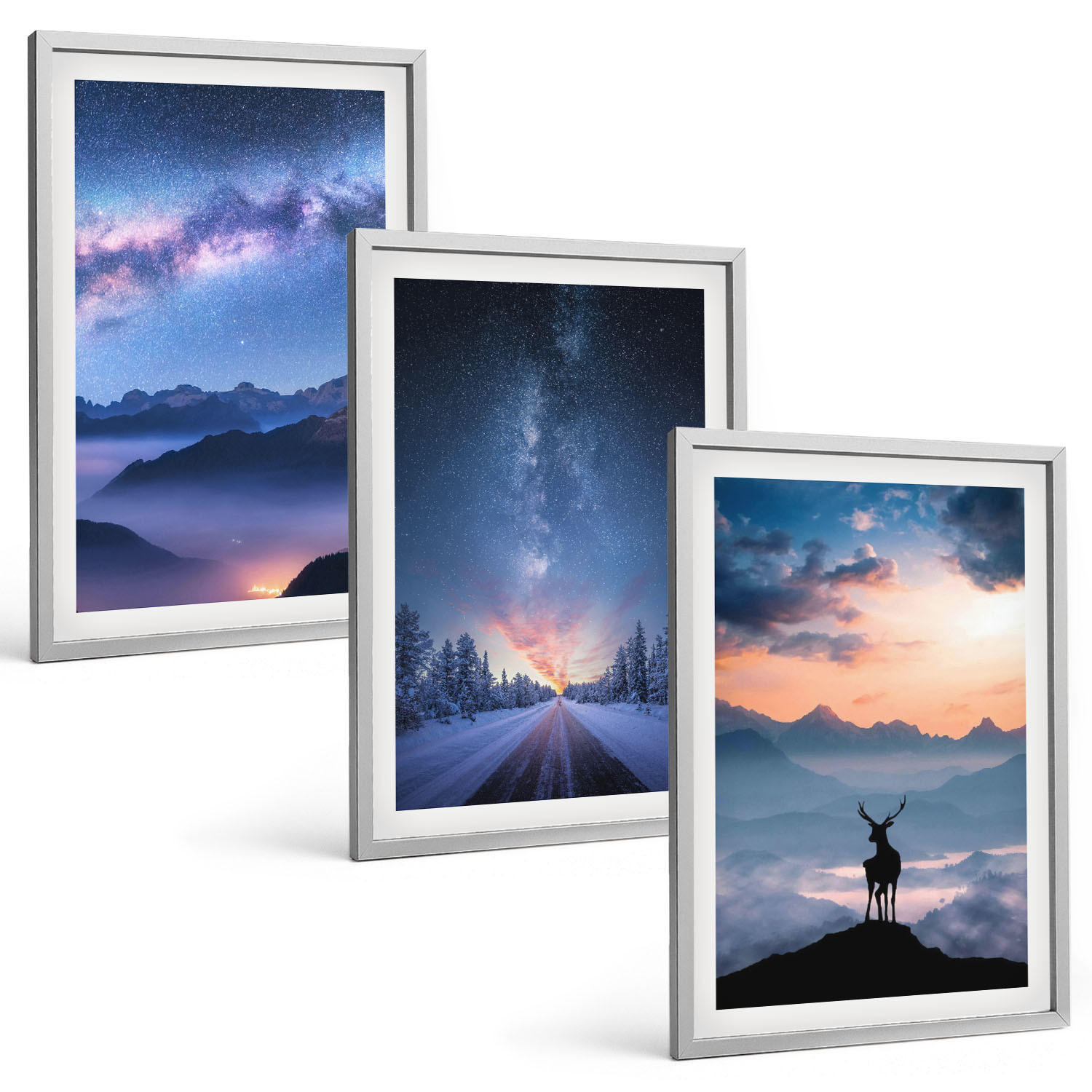 BILDER SET 3er Set - 40x60 cm Silberner Rahmen - Nachthimmel Berge Nebel Hirsch - Silberfarben, Kunststoff (40/60cm) - TULUP